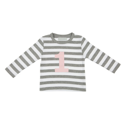 Grey Marl & White Striped Number 1 T Shirt (Mallow Pink)