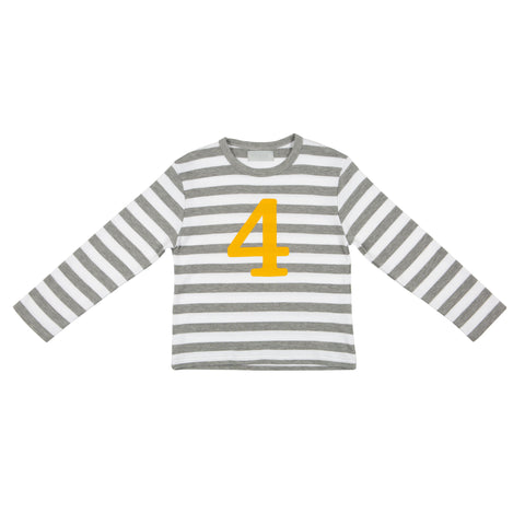 Grey Marl & White Striped Number 4 T Shirt (Mustard)