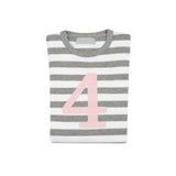 Grey Marl & White Striped Number 4 T Shirt (Mallow Pink)