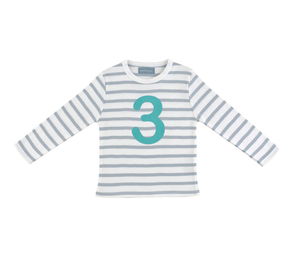Grey & White Breton Striped Number 3 T Shirt (Turquoise)