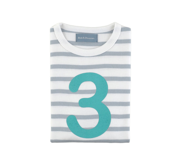 Grey & White Breton Striped Number 3 T Shirt (Turquoise)