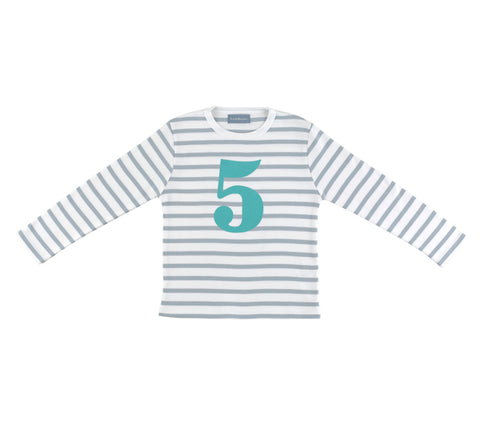 Grey & White Breton Striped Number 5 T Shirt (Turquoise)