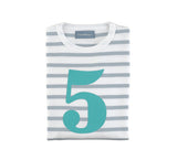 Grey & White Breton Striped Number 5 T Shirt (Turquoise)