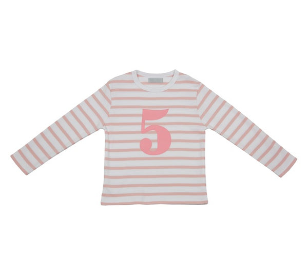 Dusty Pink & White Breton Striped Number 5 T Shirt
