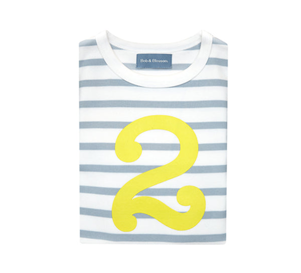 Grey & White Breton Striped Number 2 T Shirt (Yellow)