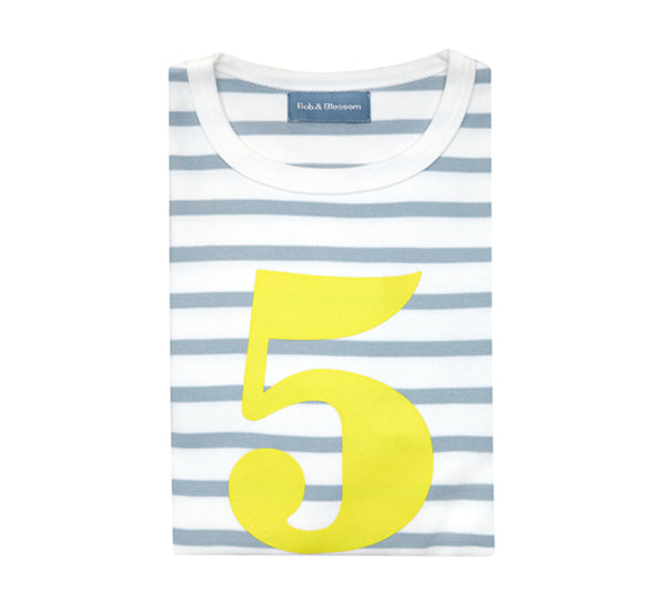 Grey & White Breton Striped Number 5 T Shirt (Yellow)