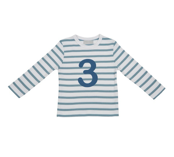 Ocean Blue & White Breton Striped Number 3 T Shirt