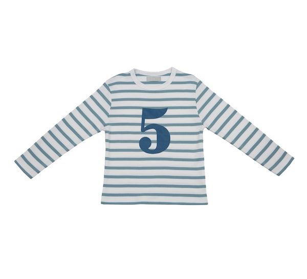 Ocean Blue & White Breton Striped Number 5 T Shirt