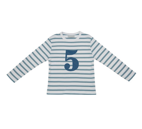 Ocean Blue & White Breton Striped Number 5 T Shirt