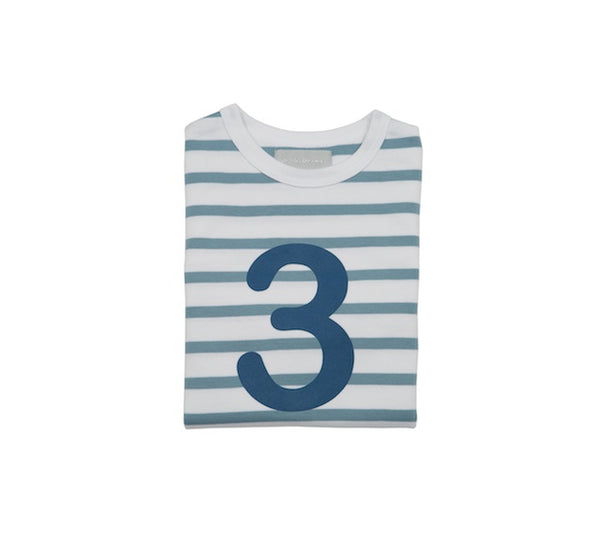 Ocean Blue & White Breton Striped Number 3 T Shirt