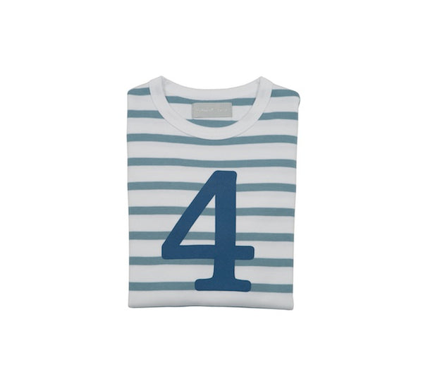 Ocean Blue & White Breton Striped Number 4 T Shirt